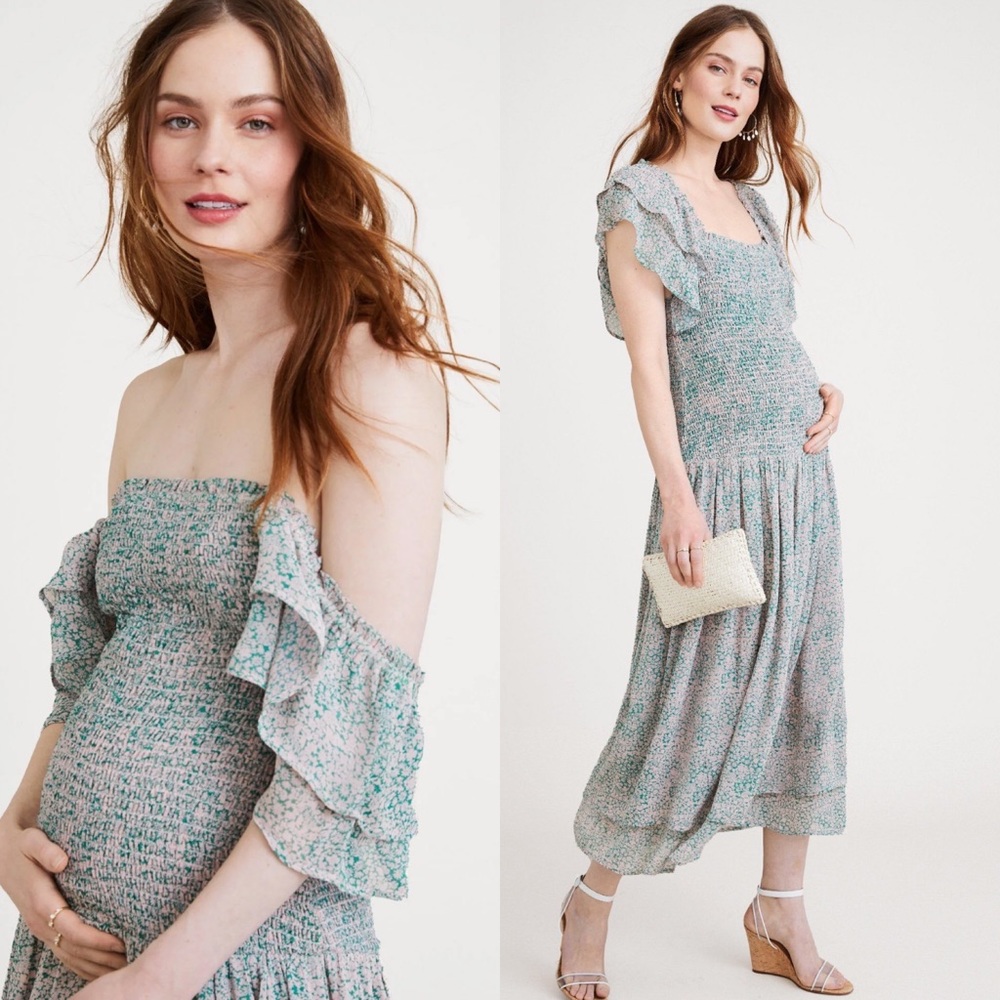 Hatch Green Ruched Off-the-Shoulder Midi Dress